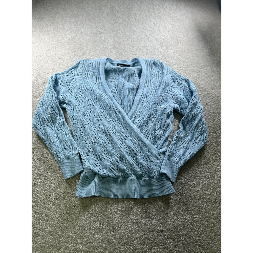 MEROKEETY Women's Sweater Light‎ Blue Size L Open Knit V-Neck